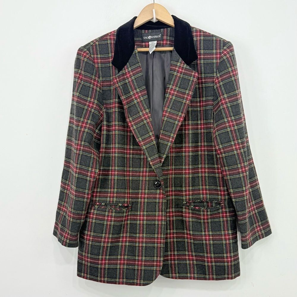Sag Harbor Gray Red Wool Plaid Velvet Collar Retro Equestrian Winter Blazer